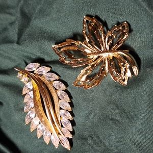 Vintage Etched Gold Leaf with Sparkling Navette & Gold Tone Brooch Pin Bundle